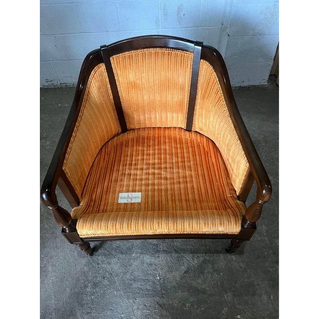 Pair of Vintage Hollywood Regency Style Mahogany Inlaid Club Lounge Armchairs by Statesville Club For Sale - Image 11 of 12