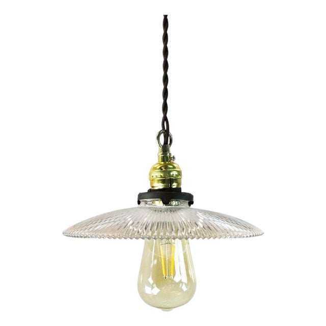 1940s Holophane Clear Glass Vintage Industrial Pendant Light 3 For Sale