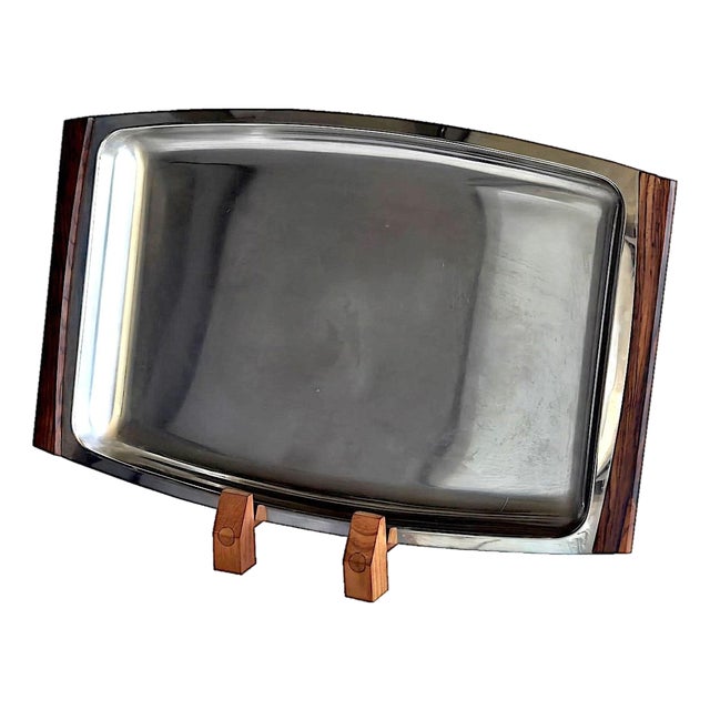 1960s Stelton Denmark Stainless Steel Tray With Rosewood Handles Designed by Arne Jacobsen For Sale