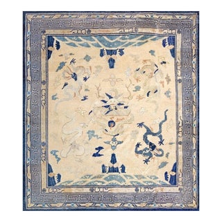 1880s Beige Dragon Antique Chinese Peking Carpet 8'7"x9'4" Wool Handknotted Rug For Sale