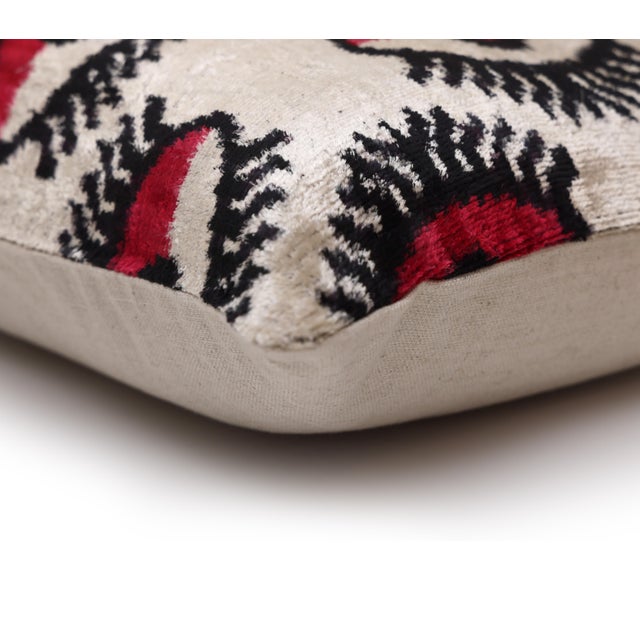 Beige Hand-Knotted Silk Velvet "Evil Eye" Ikat Lumbar Pillow - 16x24 Red & Beige For Sale - Image 8 of 8
