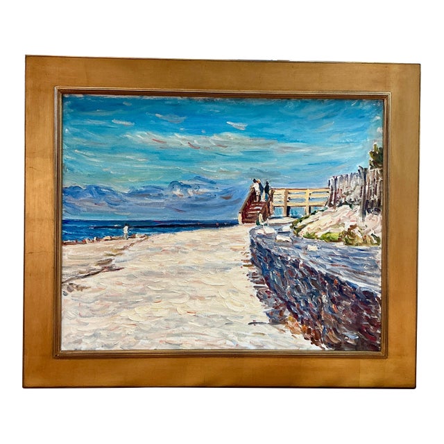 Late 20th Century Edmund Jordan August Lookout Oil Painting Coastal Landscape - Gold Frame For Sale