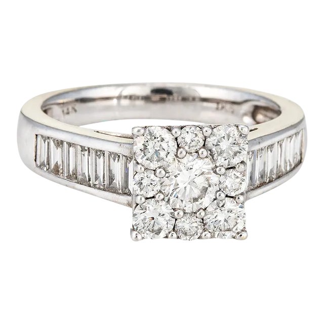 1ct Diamond Square Cluster 14k White Gold Engagement Ring Size 7 For Sale