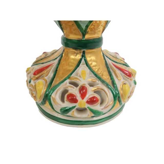 Antique Italian Polychrome and Gilt Embossed Reticulated Majolica Jewel Urns - a Pair For Sale - Image 9 of 13