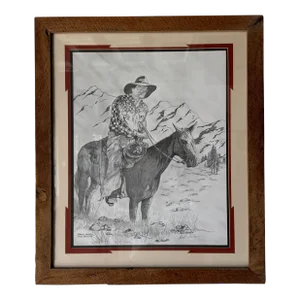 1990's Bill Steelman Cowboy on Horse Landscape Pencil Drawing