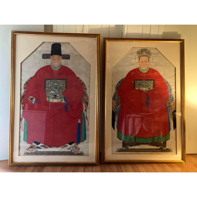 Chinoiserie Emperor and Empress Framed Painted Scrolls, Early 20th Century - Set of 2 For Sale - Image 9 of 12
