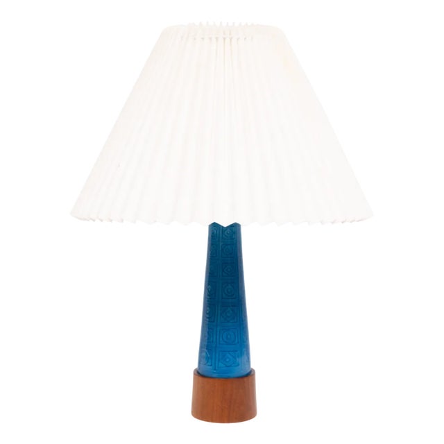 Turquoise Stoneware Table Lamp with Teak Base, 1960s For Sale