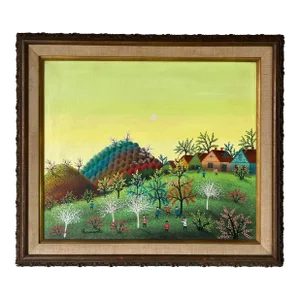 70's Cermic Blasnauski Folk Art Russian Village Oil Painting, Framed
