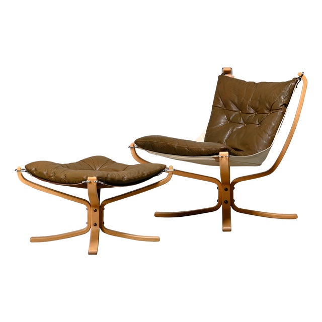 Set of Falcon Chair with Ottoman in Brown Leather by Sigurd Ressell for Vatne Møbler, 1970s For Sale