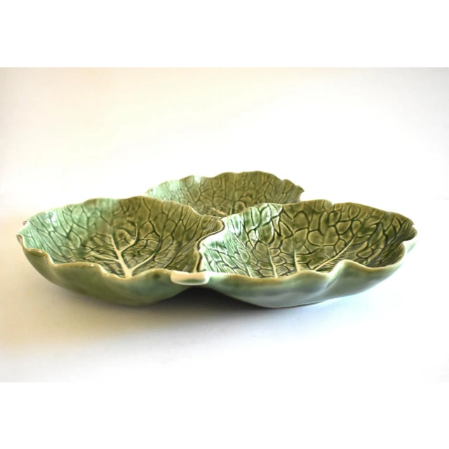 Shabby Chic Portuguese Majolica Cabbageware 3-Section Serving Dish For Sale - Image 3 of 7