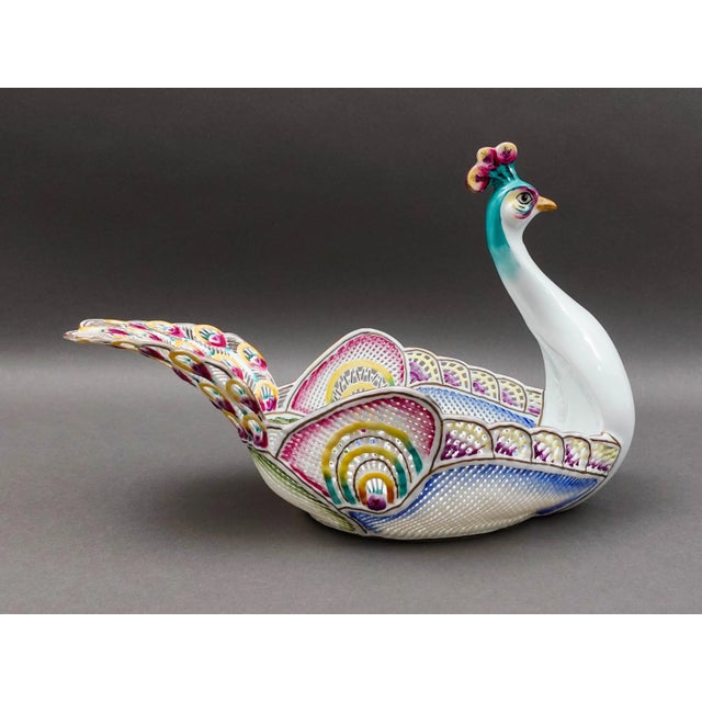 Mid 20th Century Moga Romania Hand Painted Porcelain Large Peacock Centerpiece Bowl For Sale - Image 4 of 8