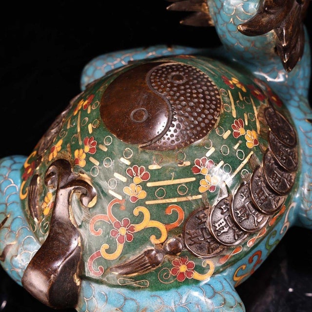 Metal Pair of Antique Cloisonné Dragon-Turtle Figurines, 6000g Total, Enamel For Sale - Image 7 of 10