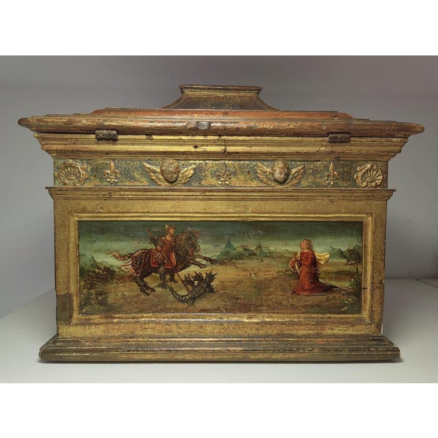Renaissance Medical Casket with stepped lid and vaulted flanked dome. Polychrome and gilded wood. Spanish or Italian...