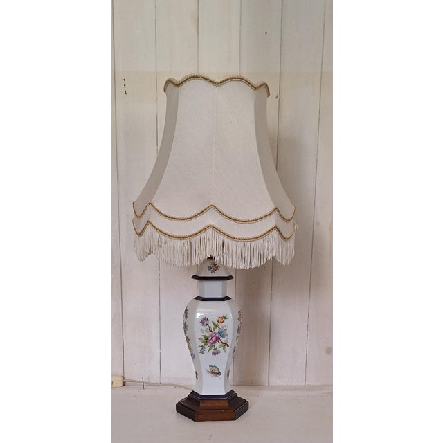 Vintage Table Lamp with Porcelain Base on Linden Wood Base, 1970s, in Very Good conditions. Designed 1970 to 1979 European...