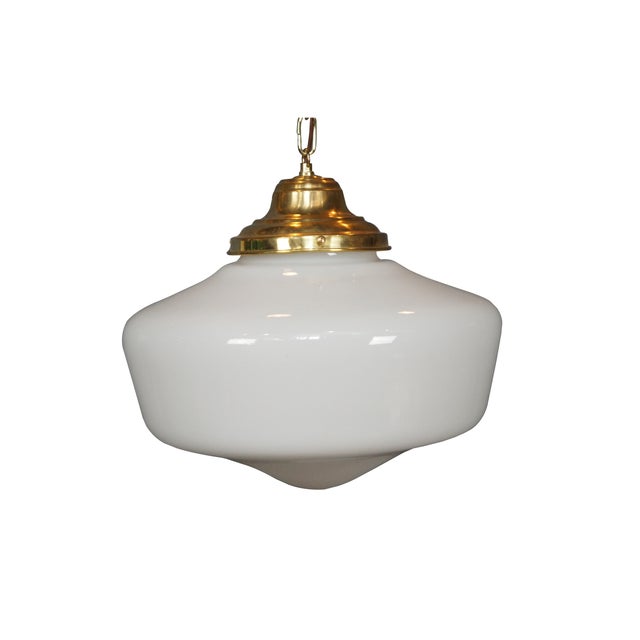 Mid-Century Modern Vintage Brass Milk Glass Schoolhouse Hanging Pendant Swag Light Chandelier For Sale - Image 3 of 12