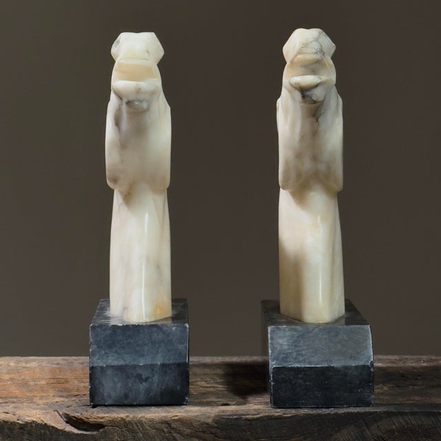 Antique Large Italian Art Deco Hand Carved Alabaster Horse Head Bookends For Sale - Image 4 of 12