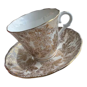 1945 Colclough Gold Floral China Tea Cup and Saucer - Set of 2