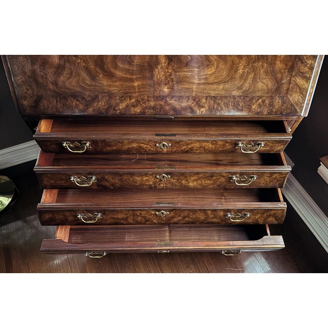 Heritage 1980s Heritage Heirloom Chippendale Style Burled Walnut Bombe Secretary Desk Bookcase For Sale - Image 4 of 10