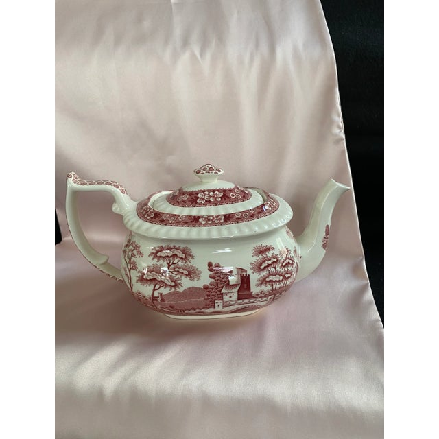 Ivory Rare Find; Spode “Pink Tower” Design; English Transferware Tea Pot.Charming; Unique Handle Loop-Single Rest & Loop-Kick Shapes. For Sale - Image 8 of 11