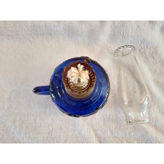 Vintage Kerosene Oil Lamp Cobalt Blue Embossed Fruit Pattern For Sale In Saint Louis - Image 6 of 7