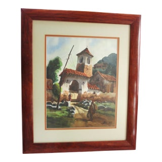 Vintage 1984 Colombia, South America Signed Watercolor of Village Church Framed For Sale