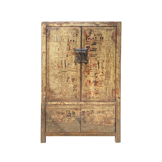 Wood Chinese Distressed Sorrell Brown Graphic Tv Dressing Storage Cabinet For Sale - Image 7 of 7