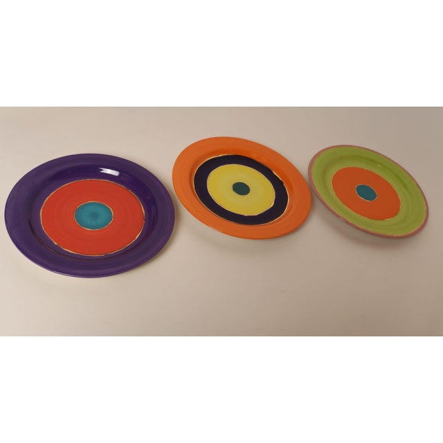 Ceramic Set of Three Glazed Ceramic Concentric Circle Plates With Gold Leaf Details Signed For Sale - Image 7 of 14