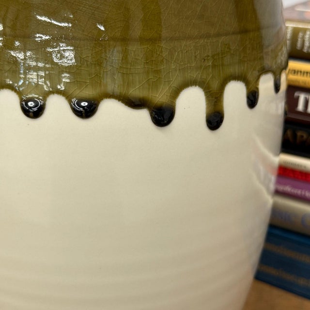 Olive Green & Black Drip Ceramic Vase with Cream White Body For Sale In New York - Image 6 of 8