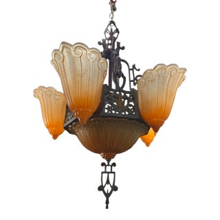 Vintage Art Deco Slip Shade Hanging Chandelier Lamp Light Fixture For Sale