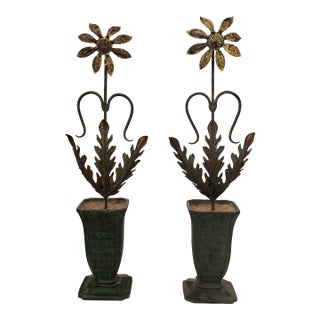 Pair of Antique Verdigris Cast Iron Flower Topiary Sculptures For Sale