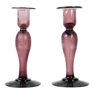 Mid 20th Century Pairpoint Wheel-Cut Design Candle Holders- a Pair For Sale