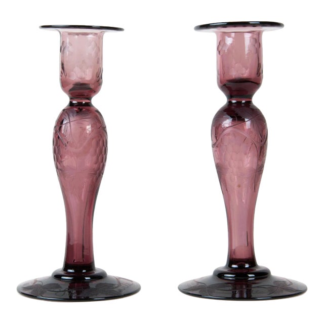 Mid 20th Century Pairpoint Wheel-Cut Design Candle Holders- a Pair For Sale