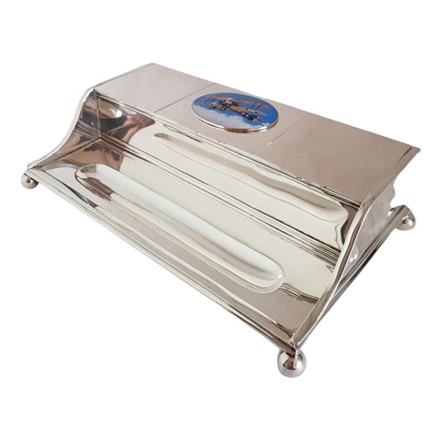 Sterling Silver & Cut Glass Aviation Inkwell Stand from C F Hancock, London, 1911 For Sale