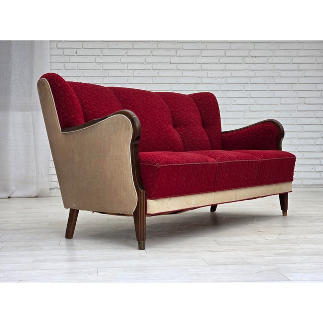 Mid-Century Modern Danish 3-Seater Sofa in Red/Beige Furniture Wool, 1950s For Sale - Image 3 of 18
