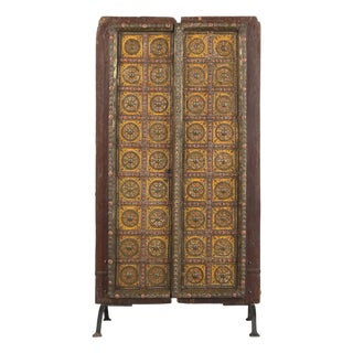 Antique Indian Painted Teakwood and Brass Door on Iron Stand For Sale