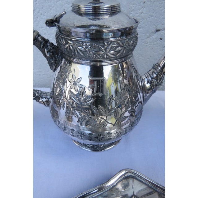 Silver Late 20th Century Meriden Silver Plated Serving Tea Tray Set With Pairpoint Pitcher and Cup 4483b For Sale - Image 8 of 18
