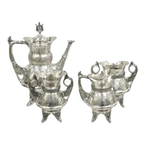 Antique Simpson Hall Miller 2076 Bird Engraved Silver Plated 4 Piece Tea Set