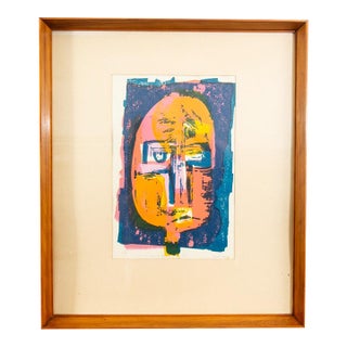 1960s Mid Century Modern Art Print Figure Abstract Portrait Sign Signed Blue Pink For Sale