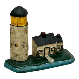 Excellent Antique American Cast Iron New England Cape Cod Lighthouse & Salt Box Cottage Doorstop Circa 1920s For Sale