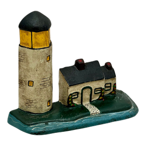 Excellent Antique American Cast Iron New England Cape Cod Lighthouse & Salt Box Cottage Doorstop Circa 1920s
