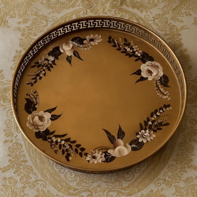 Victorian Vintage Toleware Gold Floral Greek Key Round Tray For Sale - Image 3 of 10
