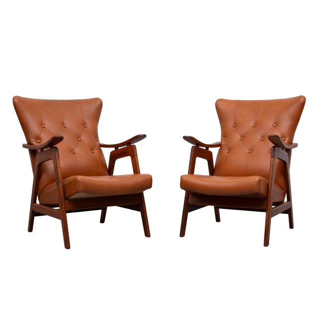 Mid-Century Modern Teak and Faux Leather Lounge Chairs, Holland, 1960s, Set of 2 For Sale - Image 3 of 11