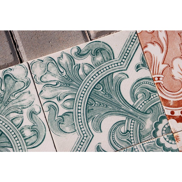 Art Deco Tiles Set of Eight Large Portuguese Green & Terracotta Ornamental Design c.1920s For Sale - Image 9 of 12