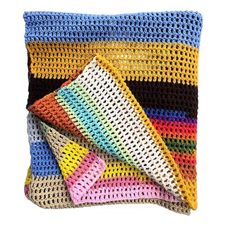Vintage Multicolor Stripe Crochet Throw Blanket For Sale
