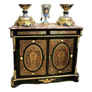 Gothic Revival Display Cabinet – Ornate Black Finish, Marble Top & Gold Leaf Accents For Sale