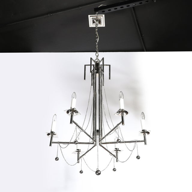 Modernist Polished Nickel Six Arm Chandelier W/ Chain & Spherical Detailing For Sale - Image 10 of 14