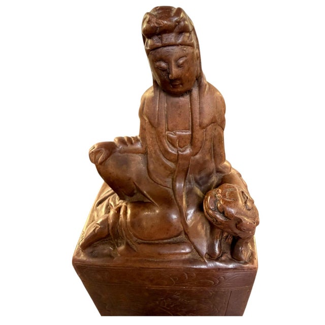 Antique Chinese Soapstone Guanyin Foo Dog Sculpture Gemstone Fan Co 7.75" For Sale In Dallas - Image 6 of 7