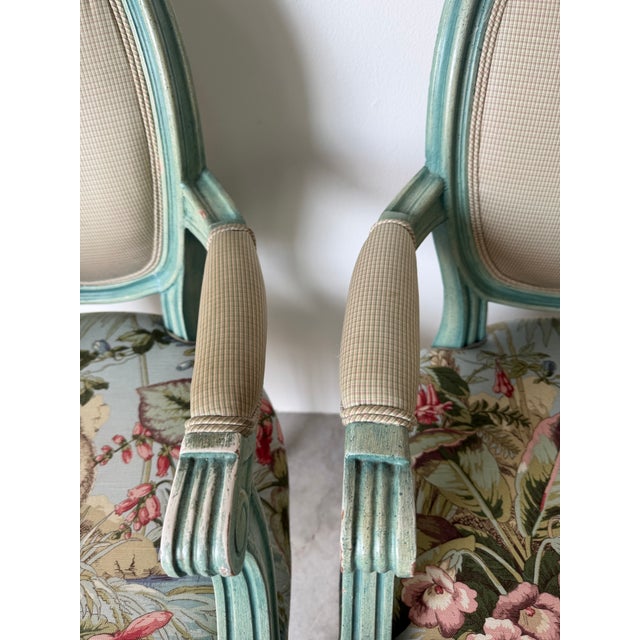 1970’s Vintage Palm Beach Louis XVI–Style Oval Back Arm Accent / Dining Chairs – A Pair For Sale - Image 10 of 12