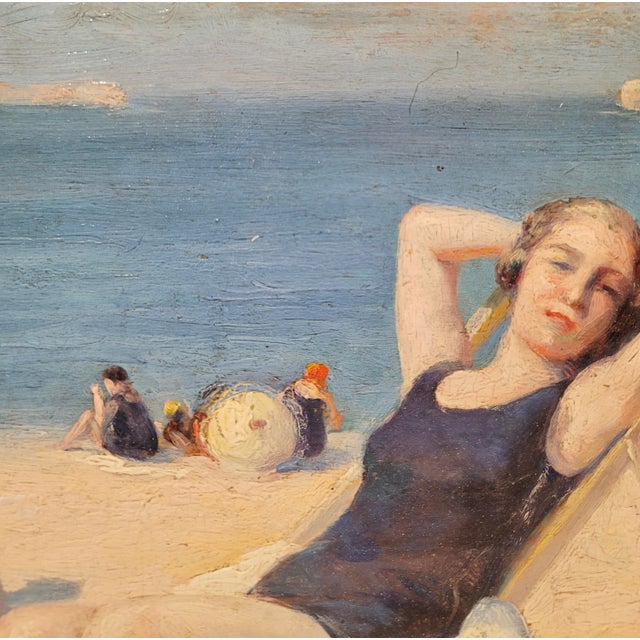 Wood American Impressionist -Girls at the Beach 1920s Summer Vacation -Oil Painting For Sale - Image 7 of 11