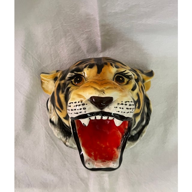 Mid-Century Modern Vintage Hand Painted Tiger Head Wall Sculpture For Sale - Image 3 of 10